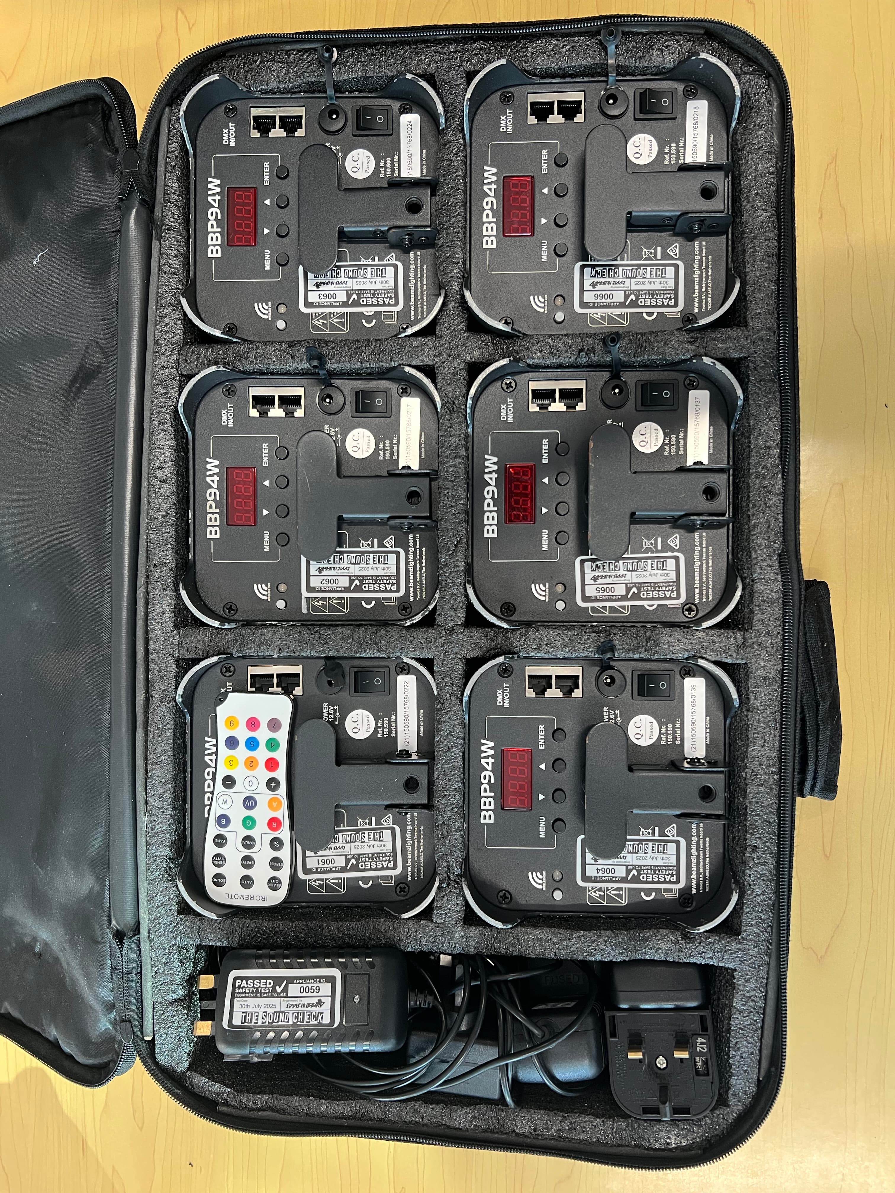 A padded case of lighting equipment after testing